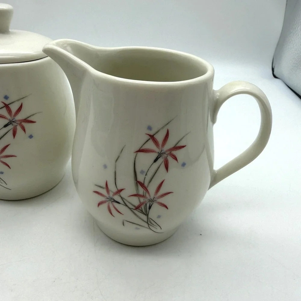Syracuse China Flame Lily Creamer and Sugar Bowl Set Vintage MCM USA cafefree